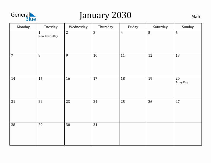January 2030 Calendar Mali