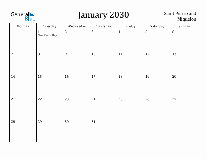 January 2030 Calendar Saint Pierre and Miquelon