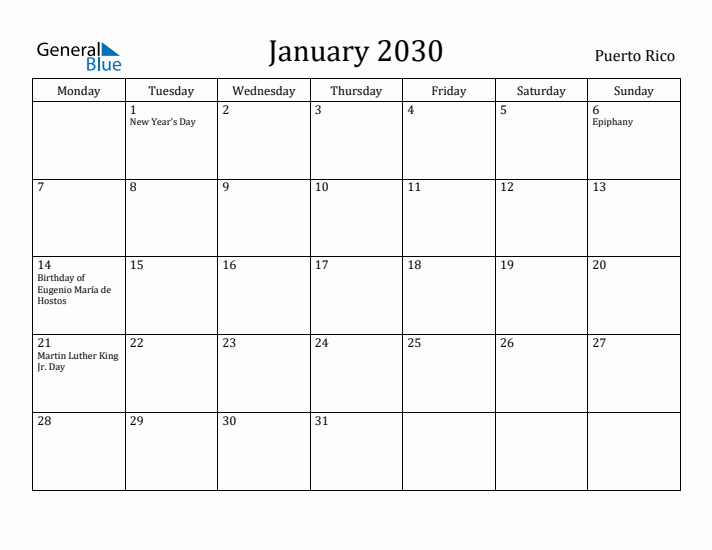 January 2030 Calendar Puerto Rico