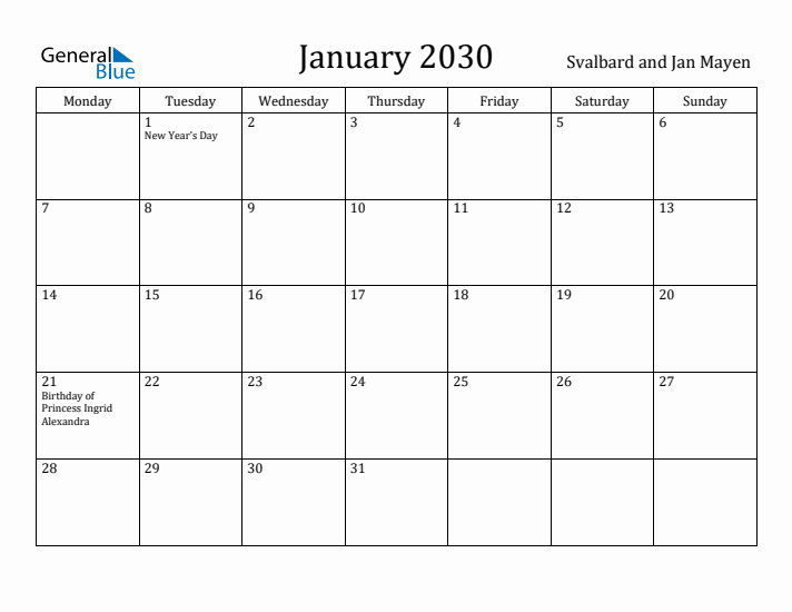 January 2030 Calendar Svalbard and Jan Mayen