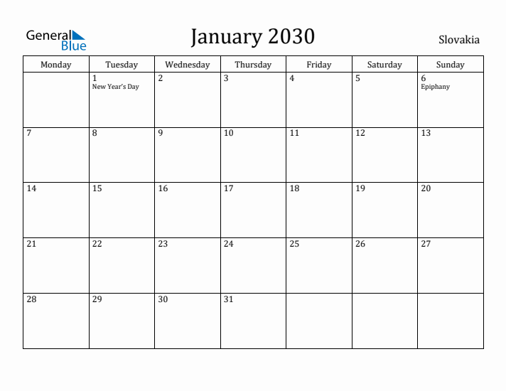 January 2030 Calendar Slovakia
