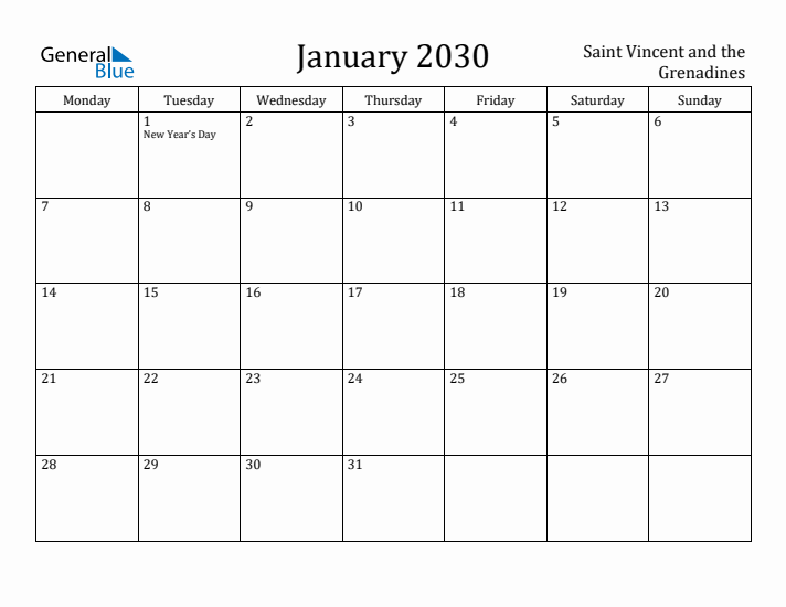 January 2030 Calendar Saint Vincent and the Grenadines