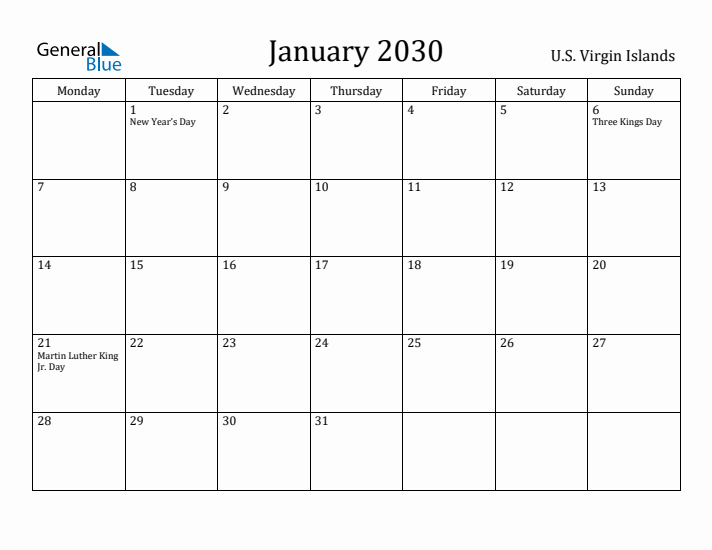 January 2030 Calendar U.S. Virgin Islands