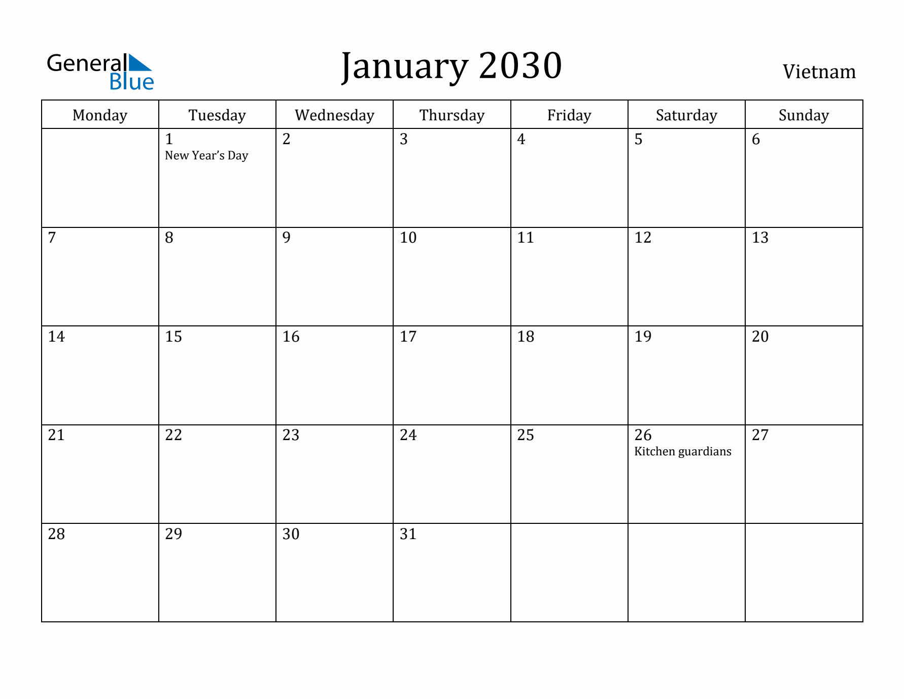 January 2030 Calendar Vietnam