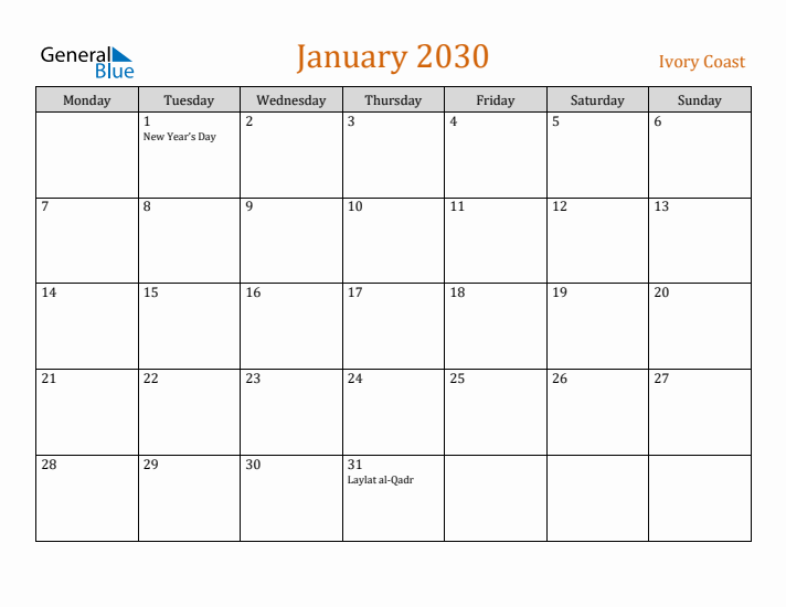 January 2030 Holiday Calendar with Monday Start