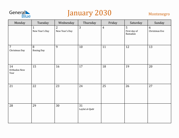 January 2030 Holiday Calendar with Monday Start