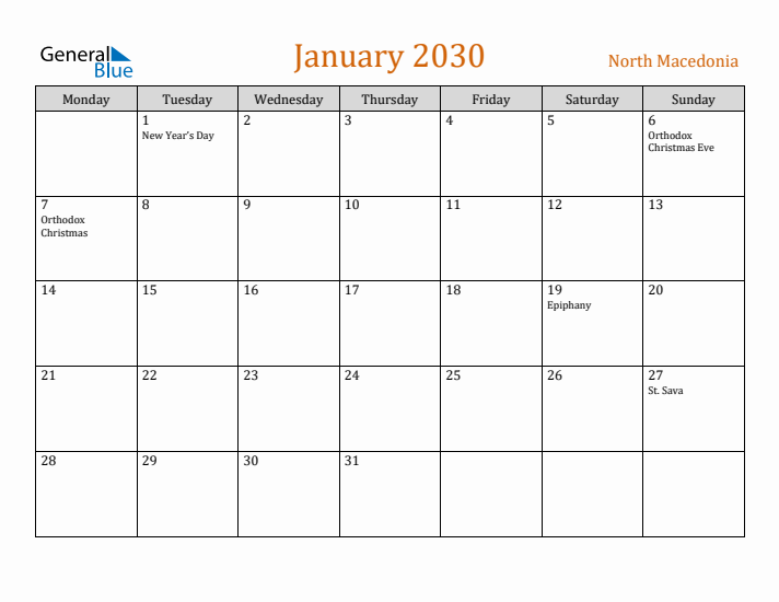 January 2030 Holiday Calendar with Monday Start