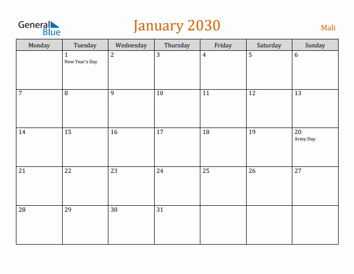 January 2030 Holiday Calendar with Monday Start