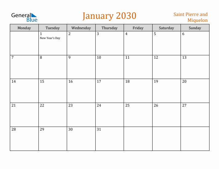 January 2030 Holiday Calendar with Monday Start