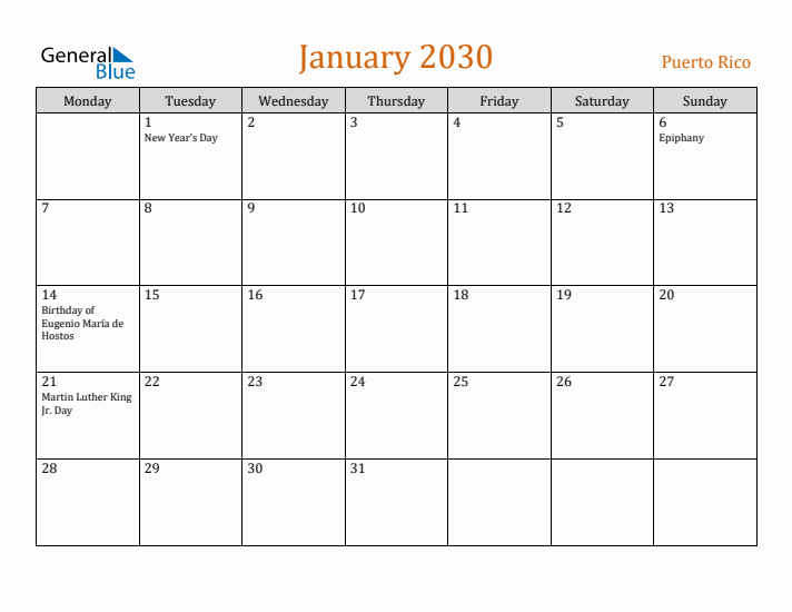 January 2030 Holiday Calendar with Monday Start
