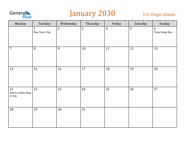 January 2030 Holiday Calendar with Monday Start