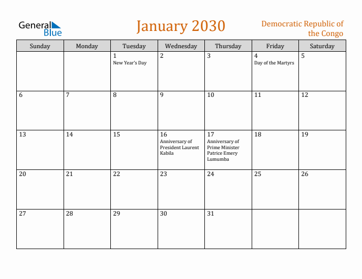 January 2030 Holiday Calendar with Sunday Start