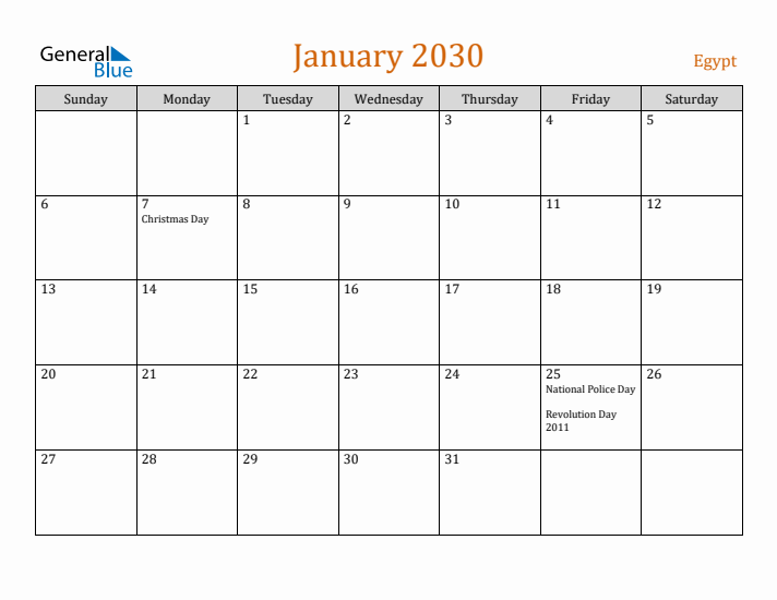 January 2030 Holiday Calendar with Sunday Start