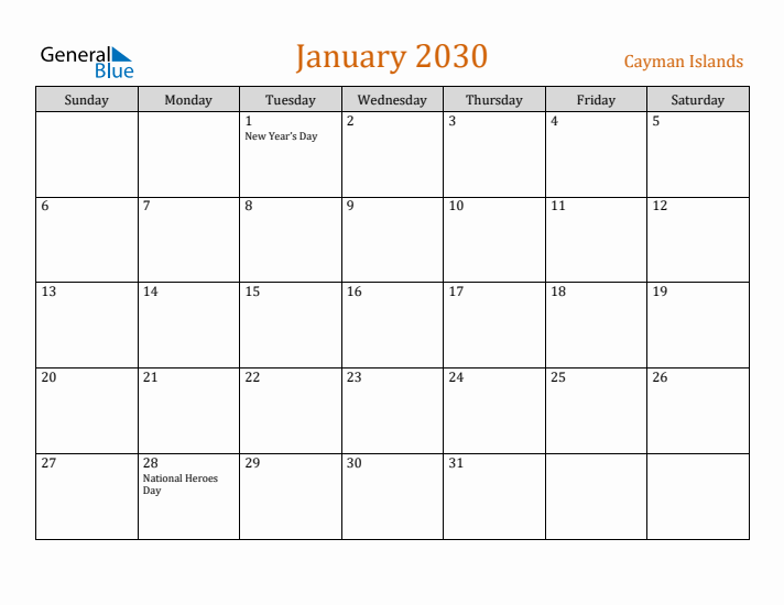 January 2030 Holiday Calendar with Sunday Start