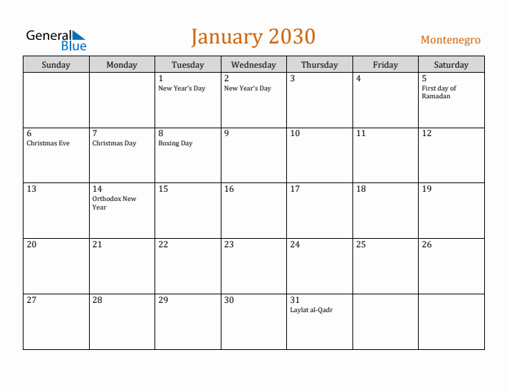 January 2030 Holiday Calendar with Sunday Start