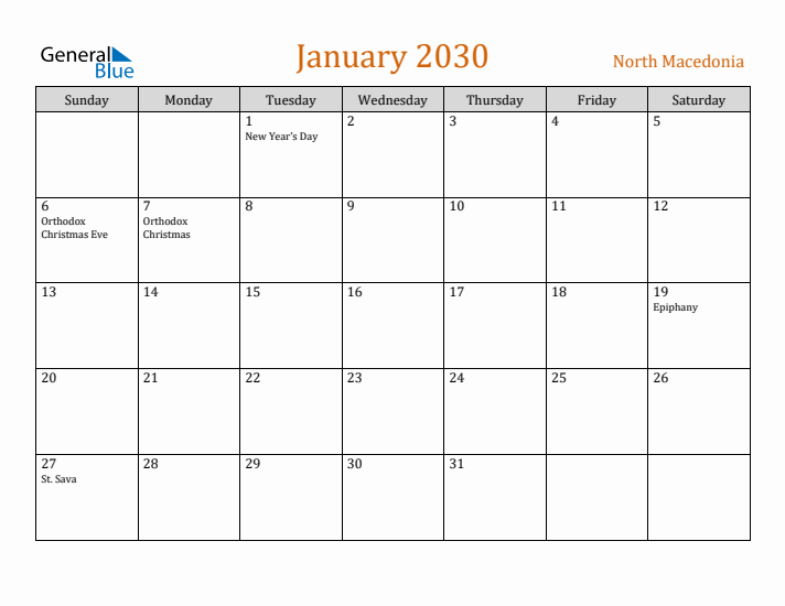 January 2030 Holiday Calendar with Sunday Start