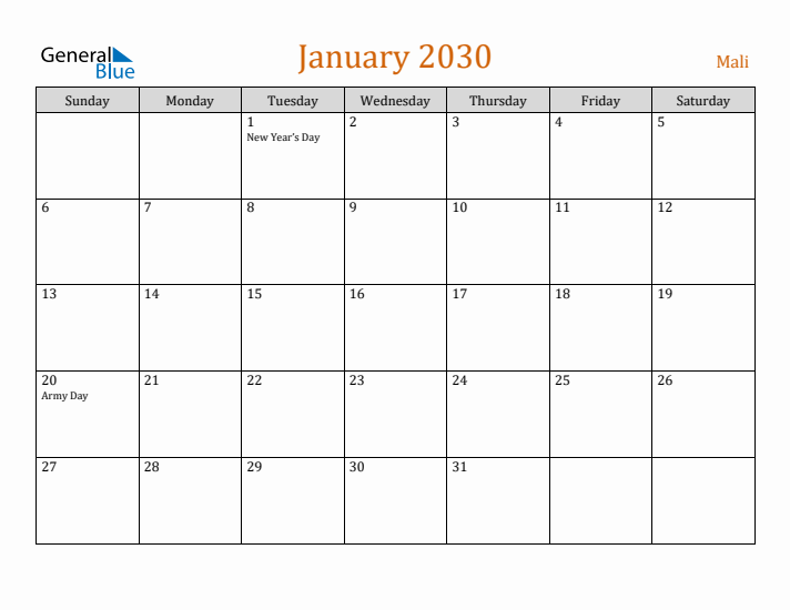 January 2030 Holiday Calendar with Sunday Start