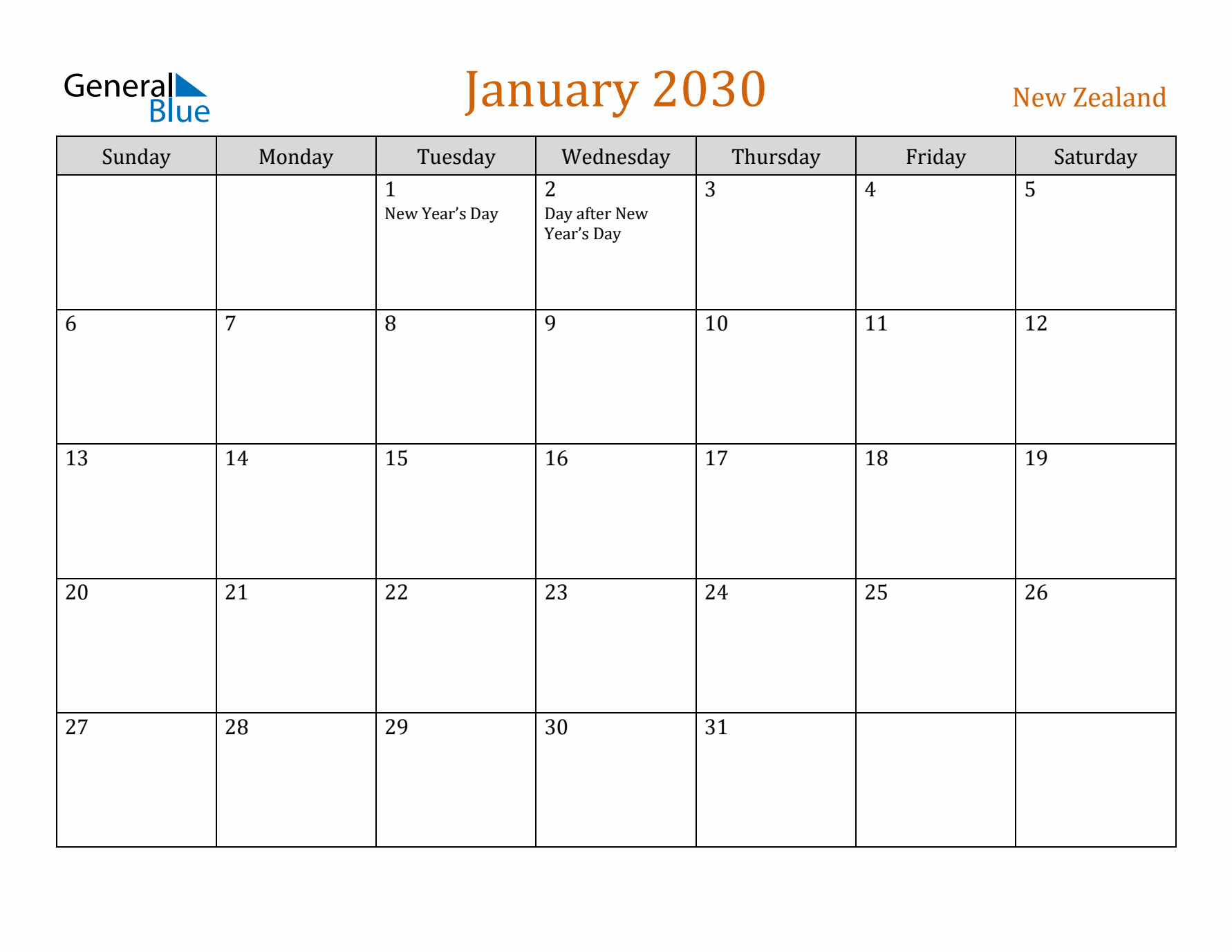 January 2030 Holiday Calendar with Sunday Start