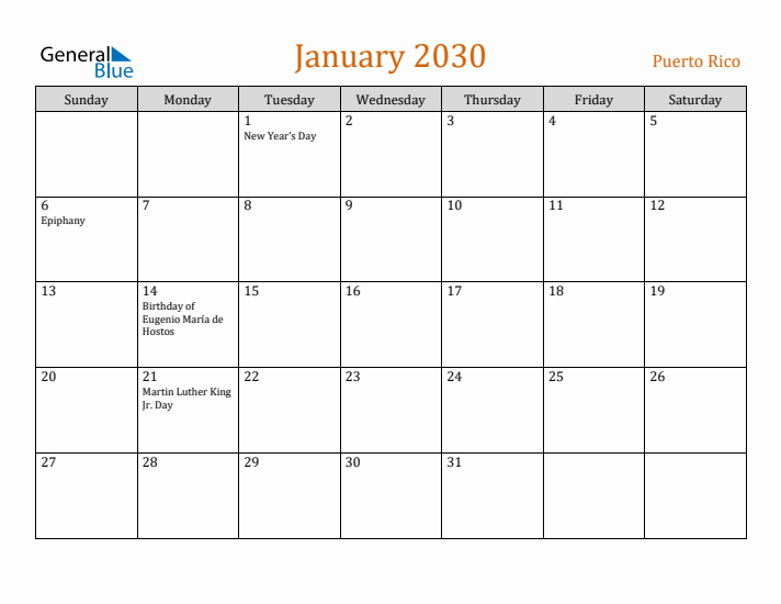 January 2030 Holiday Calendar with Sunday Start