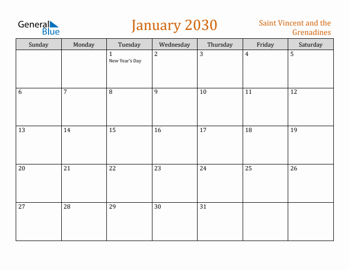 January 2030 Holiday Calendar with Sunday Start