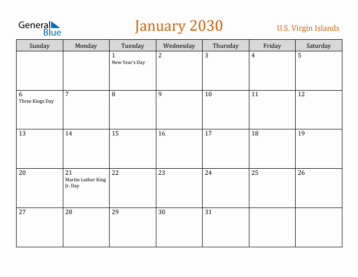 January 2030 Holiday Calendar with Sunday Start