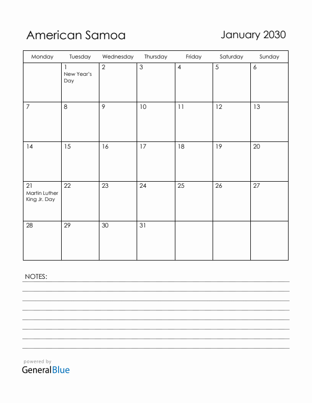 January 2030 American Samoa Calendar with Holidays (Monday Start)
