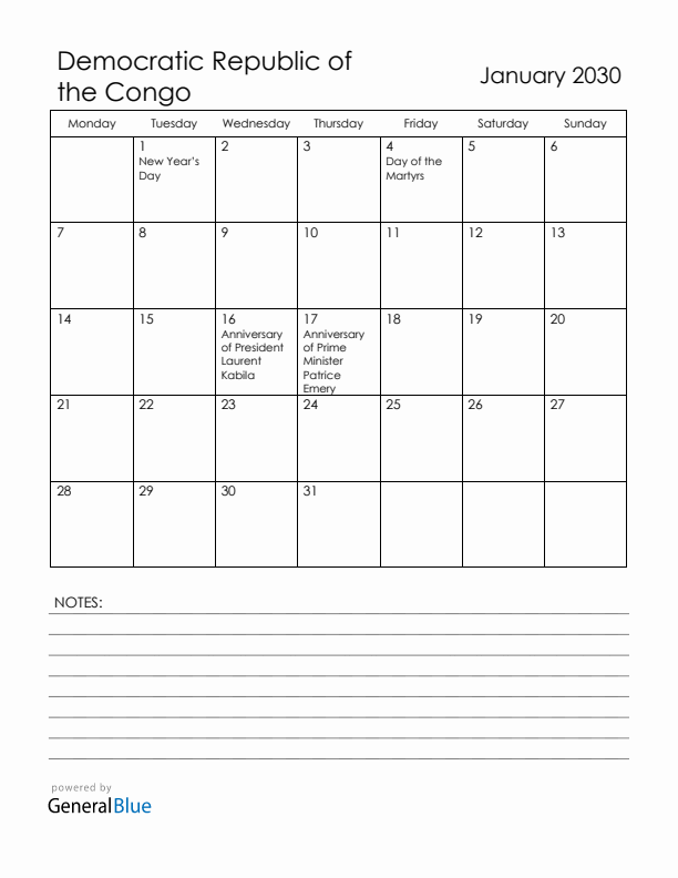January 2030 Democratic Republic of the Congo Calendar with Holidays (Monday Start)
