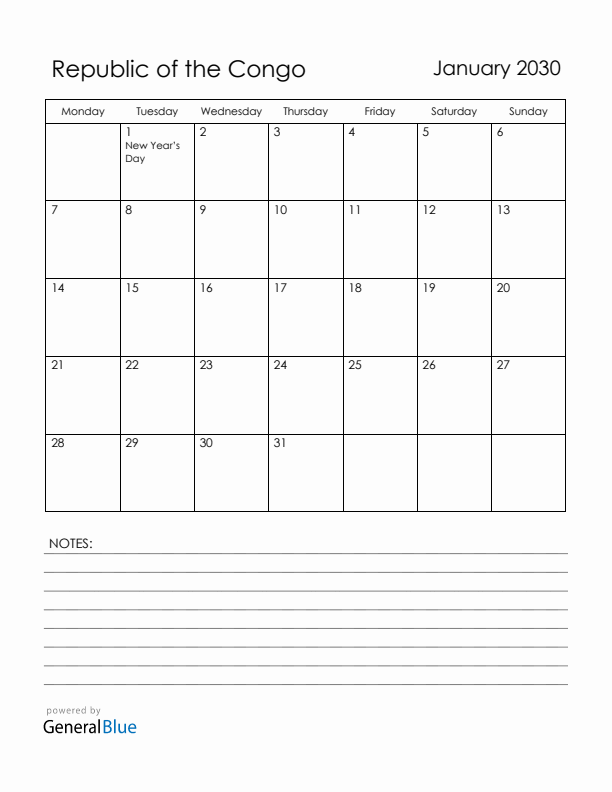 January 2030 Republic of the Congo Calendar with Holidays (Monday Start)