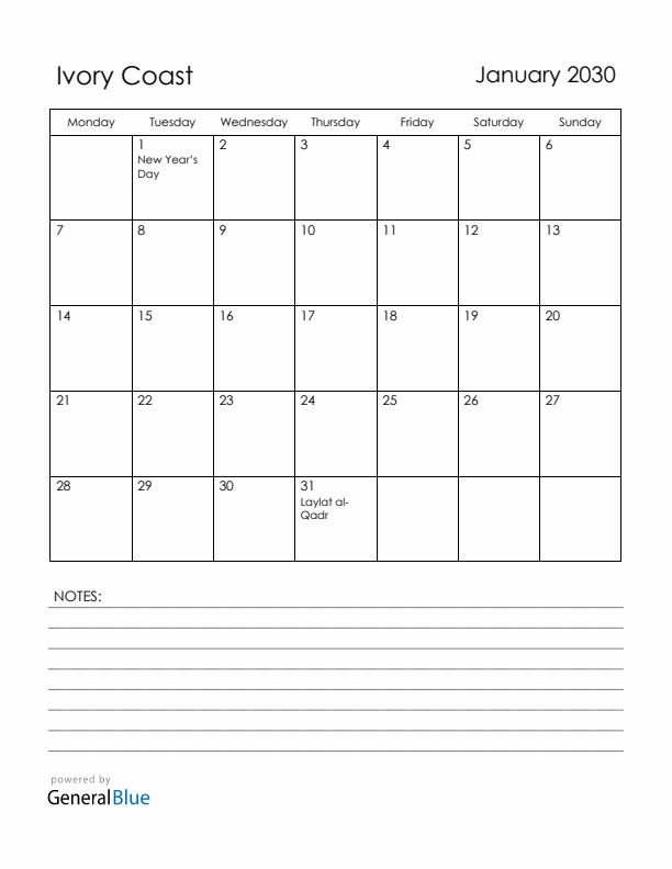 January 2030 Ivory Coast Calendar with Holidays (Monday Start)