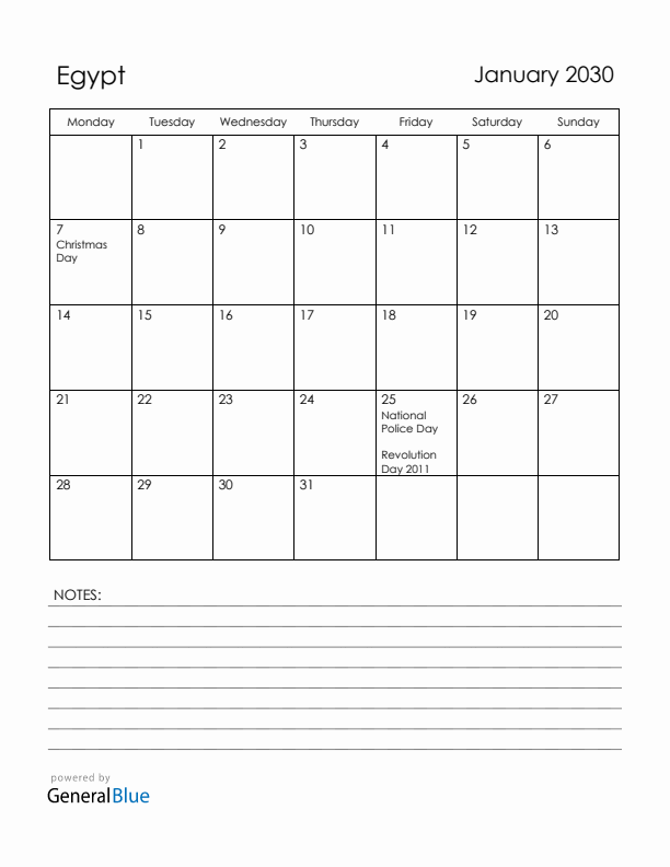 January 2030 Egypt Calendar with Holidays (Monday Start)