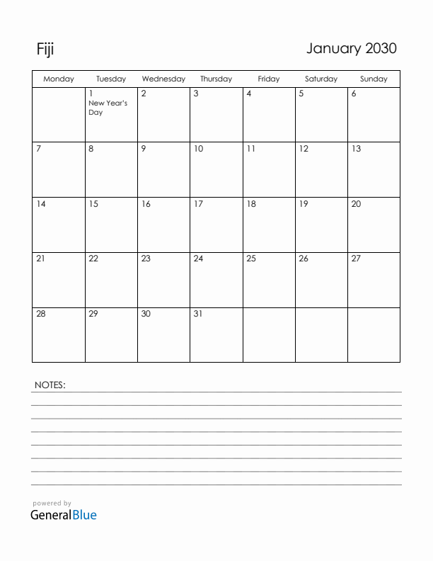 January 2030 Fiji Calendar with Holidays (Monday Start)