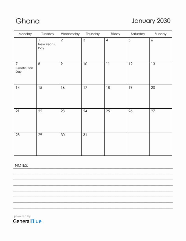 January 2030 Ghana Calendar with Holidays (Monday Start)