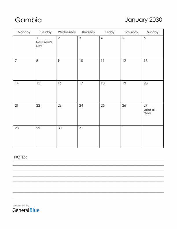 January 2030 Gambia Calendar with Holidays (Monday Start)