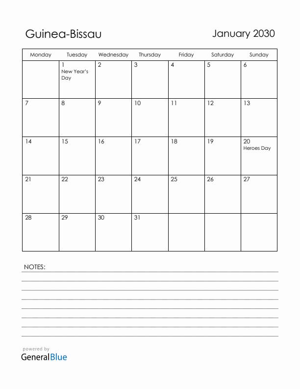 January 2030 Guinea-Bissau Calendar with Holidays (Monday Start)