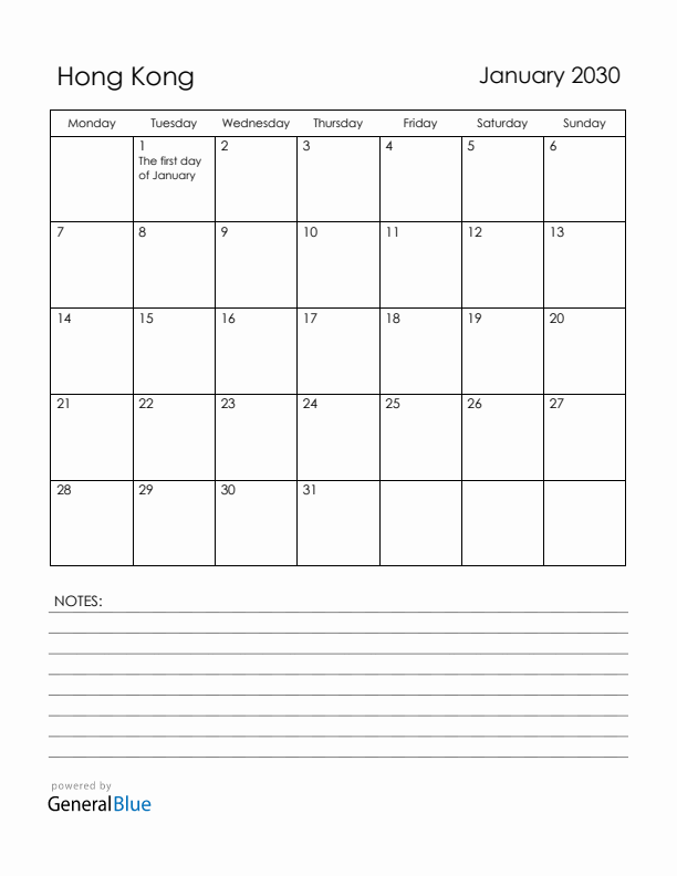 January 2030 Hong Kong Calendar with Holidays (Monday Start)