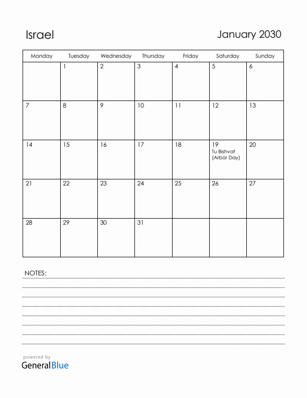 January 2030 Israel Calendar with Holidays (Monday Start)
