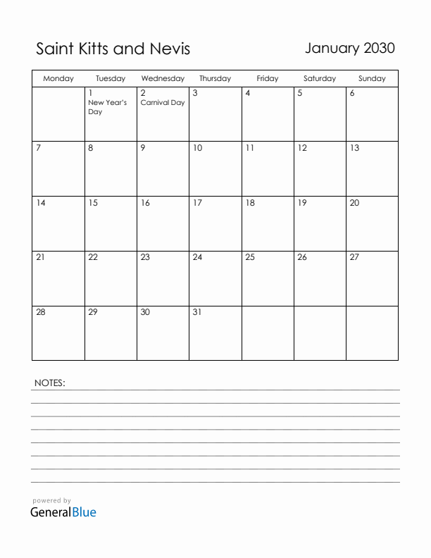 January 2030 Saint Kitts and Nevis Calendar with Holidays (Monday Start)