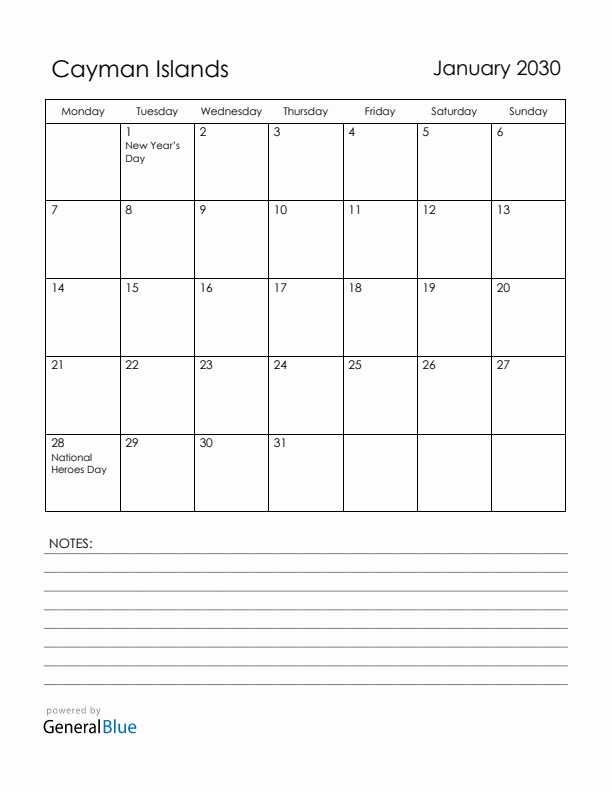 January 2030 Cayman Islands Calendar with Holidays (Monday Start)