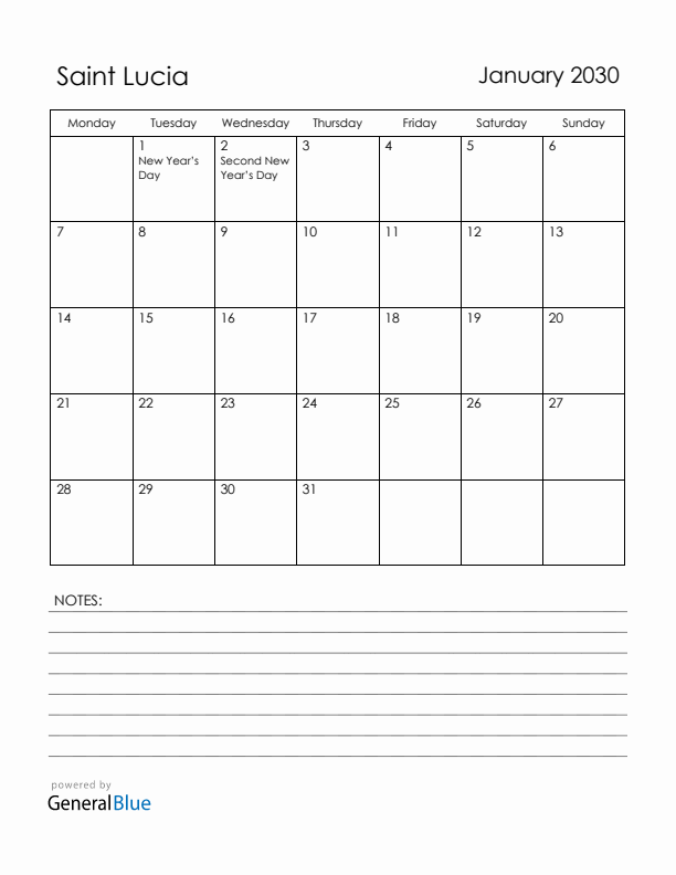 January 2030 Saint Lucia Calendar with Holidays (Monday Start)