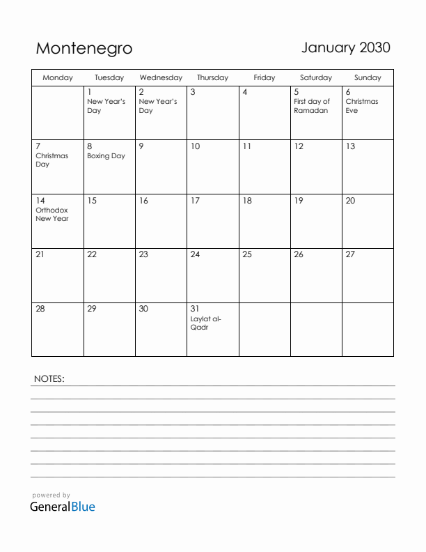 January 2030 Montenegro Calendar with Holidays (Monday Start)