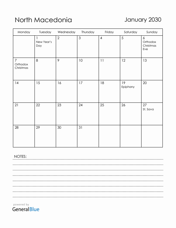 January 2030 North Macedonia Calendar with Holidays (Monday Start)