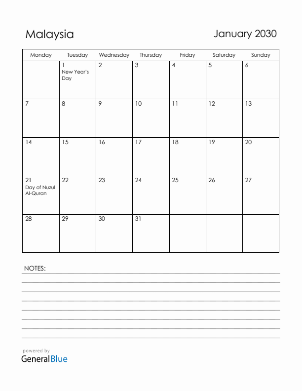 January 2030 Malaysia Calendar with Holidays (Monday Start)