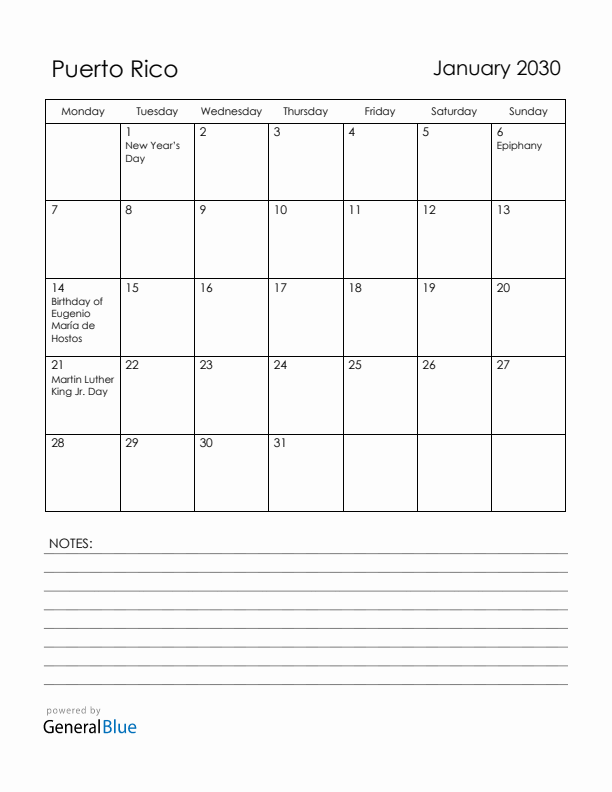 January 2030 Puerto Rico Calendar with Holidays (Monday Start)