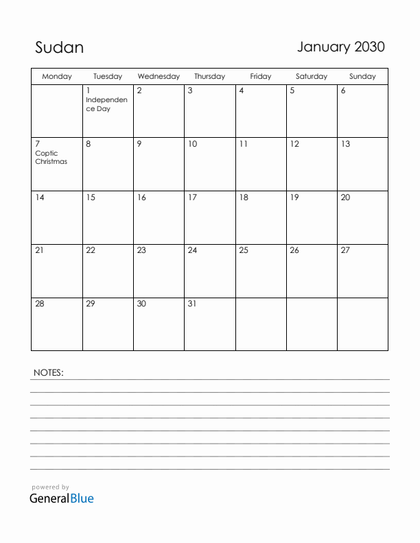 January 2030 Sudan Calendar with Holidays (Monday Start)