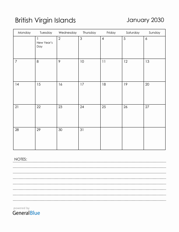 January 2030 British Virgin Islands Calendar with Holidays (Monday Start)