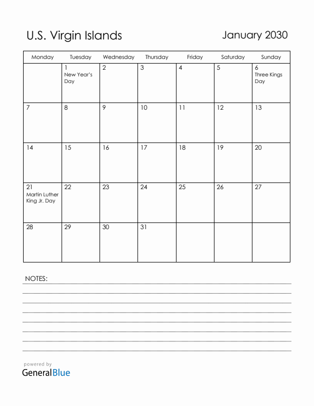 January 2030 U.S. Virgin Islands Calendar with Holidays (Monday Start)
