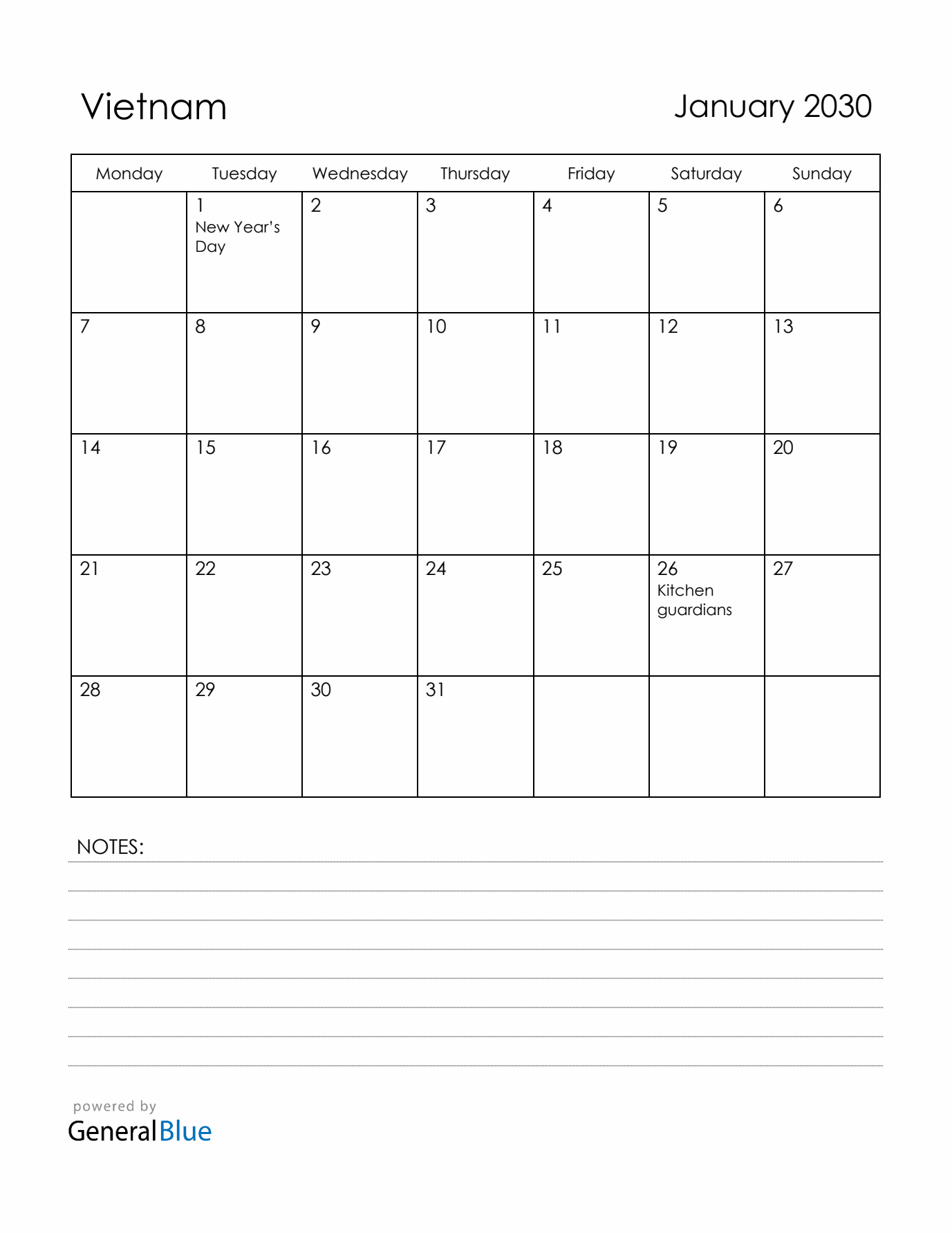 January 2030 Vietnam Calendar with Holidays (Monday Start)