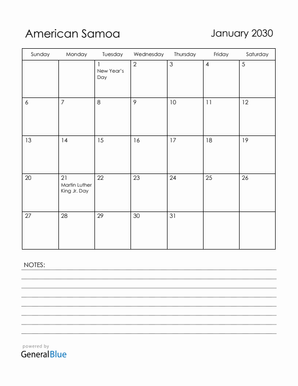 January 2030 American Samoa Calendar with Holidays (Sunday Start)
