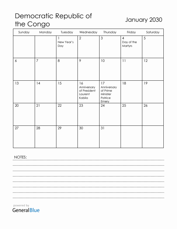 January 2030 Democratic Republic of the Congo Calendar with Holidays (Sunday Start)