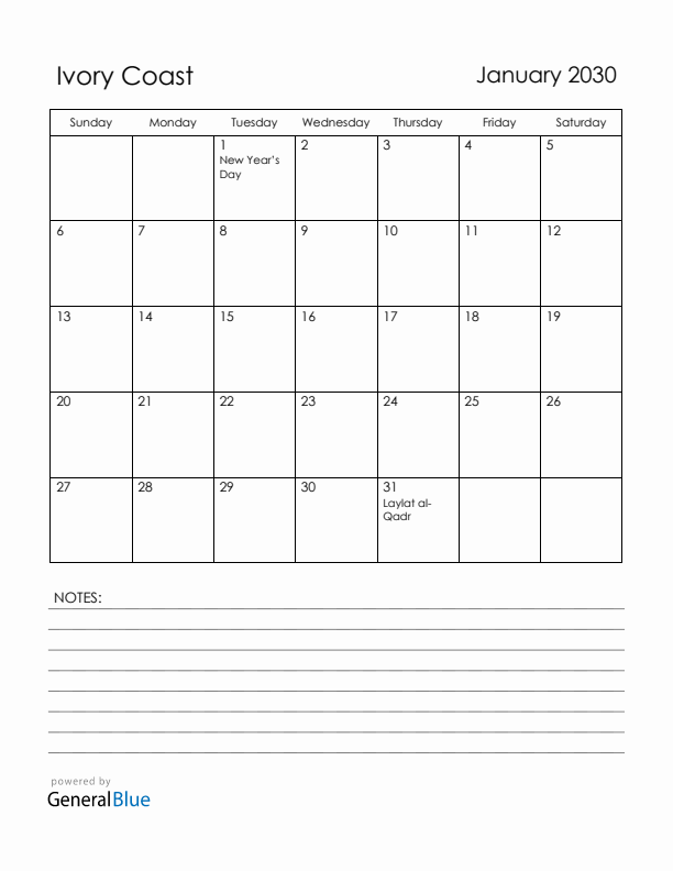 January 2030 Ivory Coast Calendar with Holidays (Sunday Start)